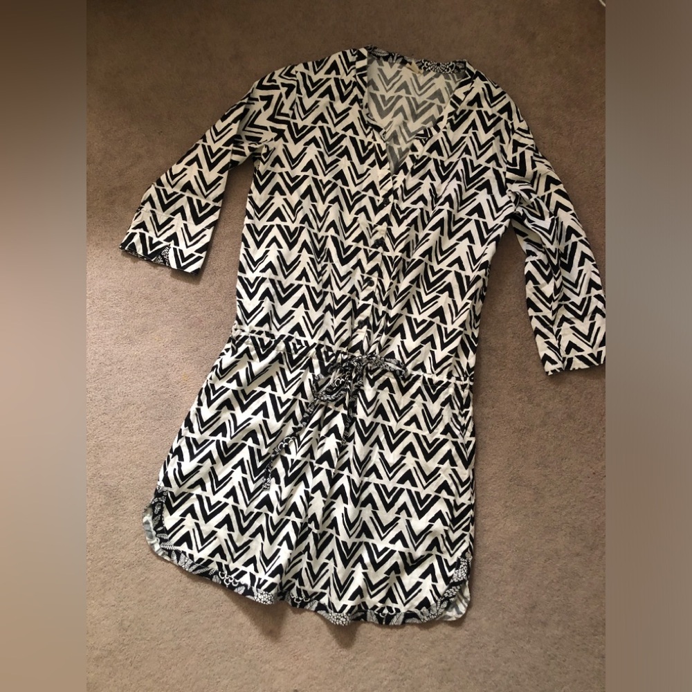 Hatley Womens Dress Large Chevron 3/4 Sleeve Black and White Chevron Dress